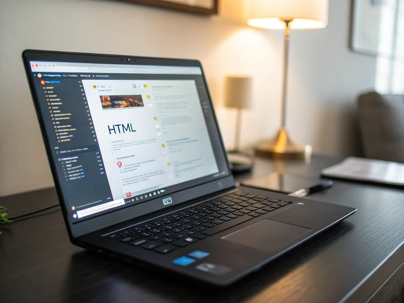 A sleek laptop displaying a custom WordPress dashboard with code snippets in the background, representing WordPress Site Development.